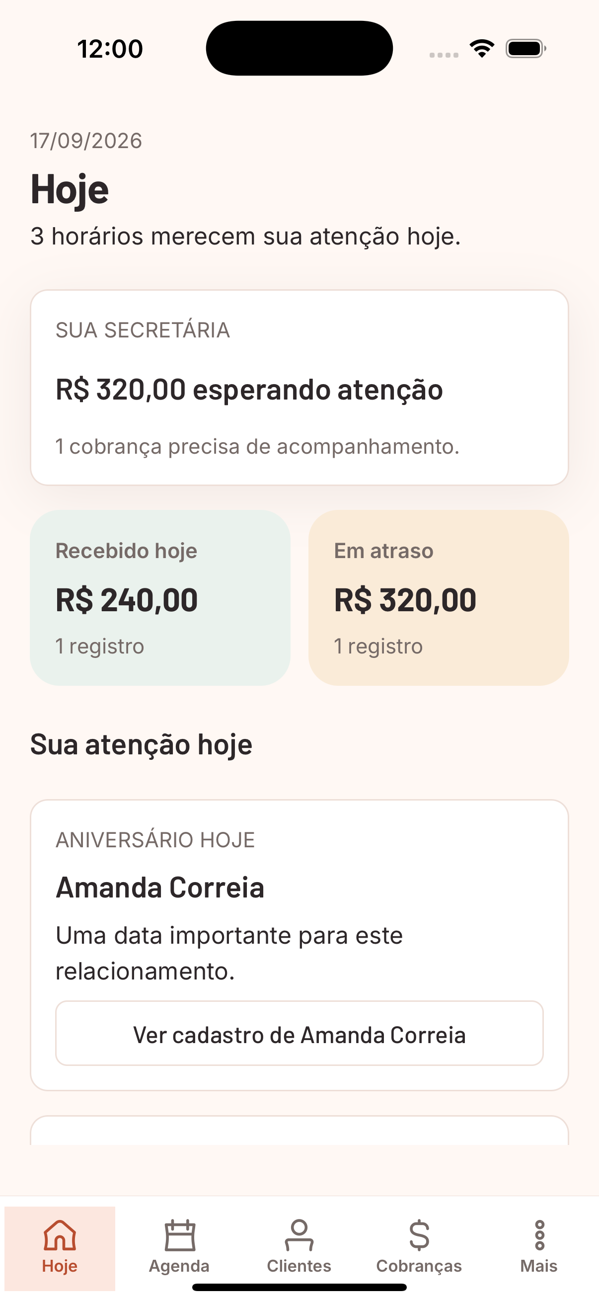 Tela Hoje do Alxsy Solo com resumo da rotina do profissional